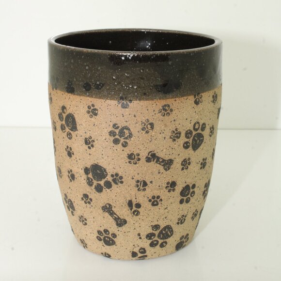 Dog Lovers Mug Dark Brown Tan Paw Print Bones Handmade Pottery Stoneware Mug Cup - Picture 4 of 8
